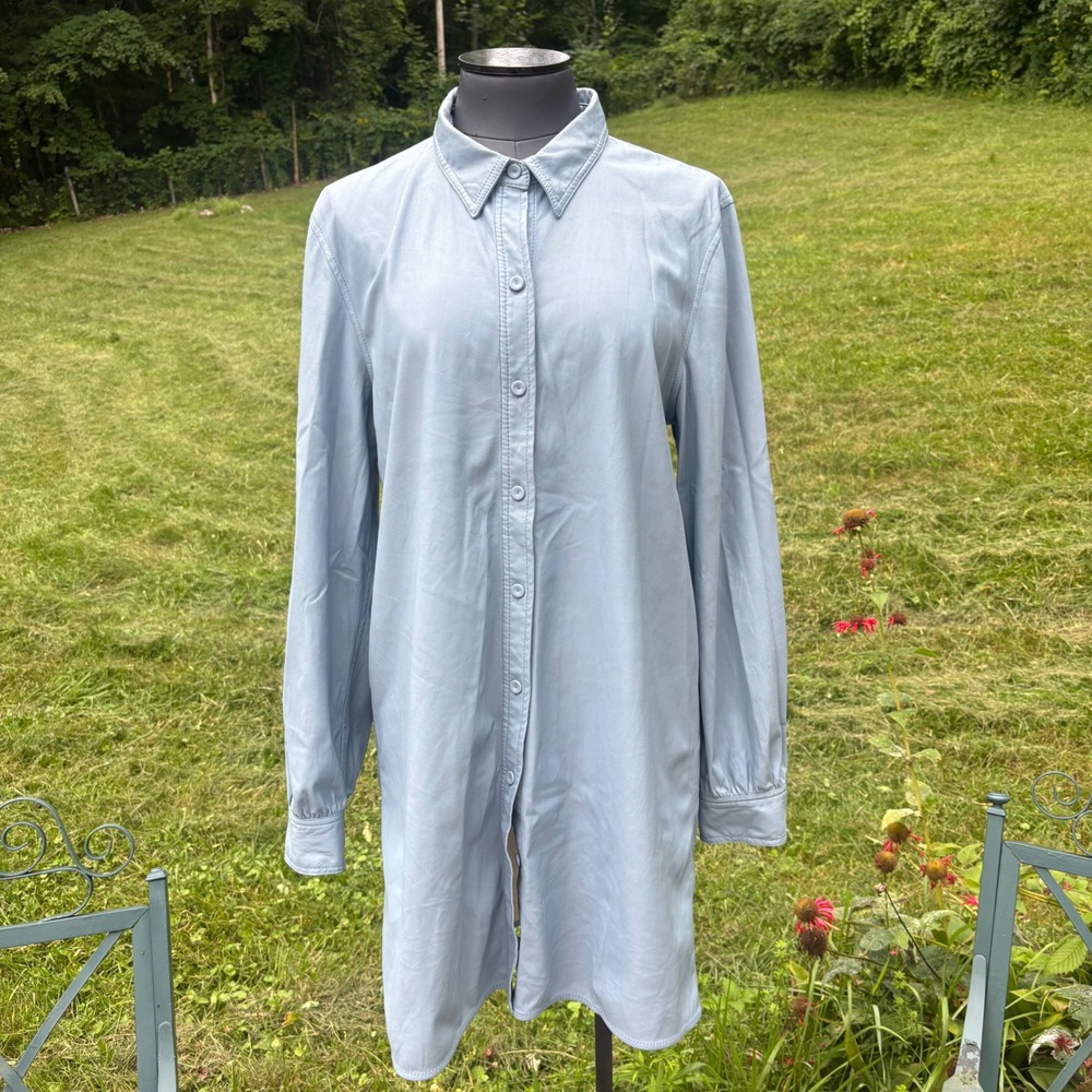 Women's Large ARITZIA Wilfred Pale Blue Faux Leather Midi Shirt Jacket Shacket